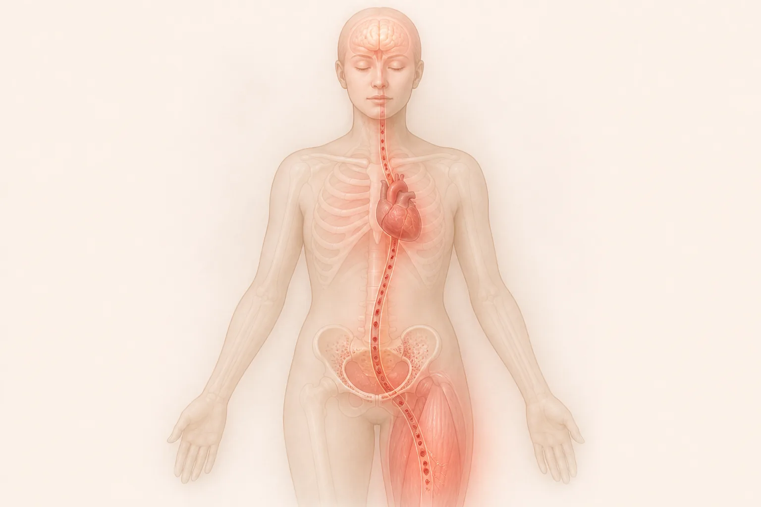 빈혈에서 골수에서 만들어진 적혈구가 심장과 혈관을 지나 뇌와 다리 근육에 산소를 나르는 과정을 한 인체로 설명하는 의학 이미지