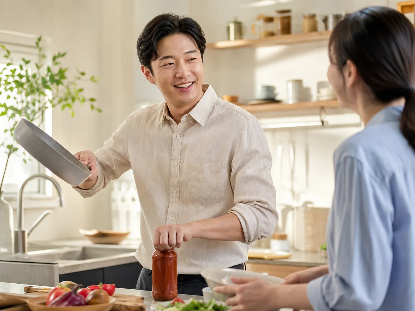 주방에서 프라이팬을 든 남성과 그릇을 든 여성이 마주 보는 모습