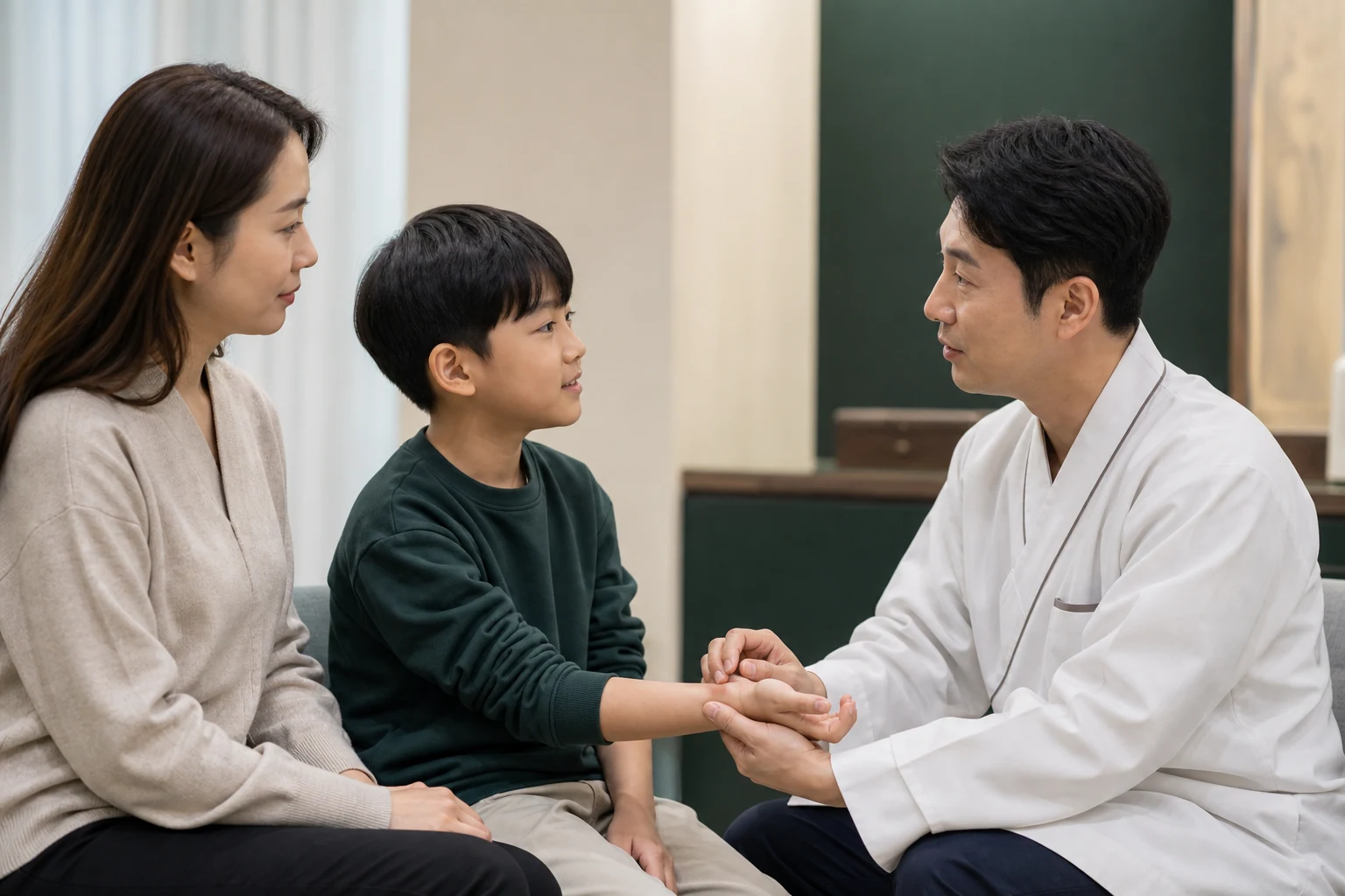 저신장 진료에서 보호자와 함께 앉은 한국인 어린이의 맥을 한의사가 살피는 장면