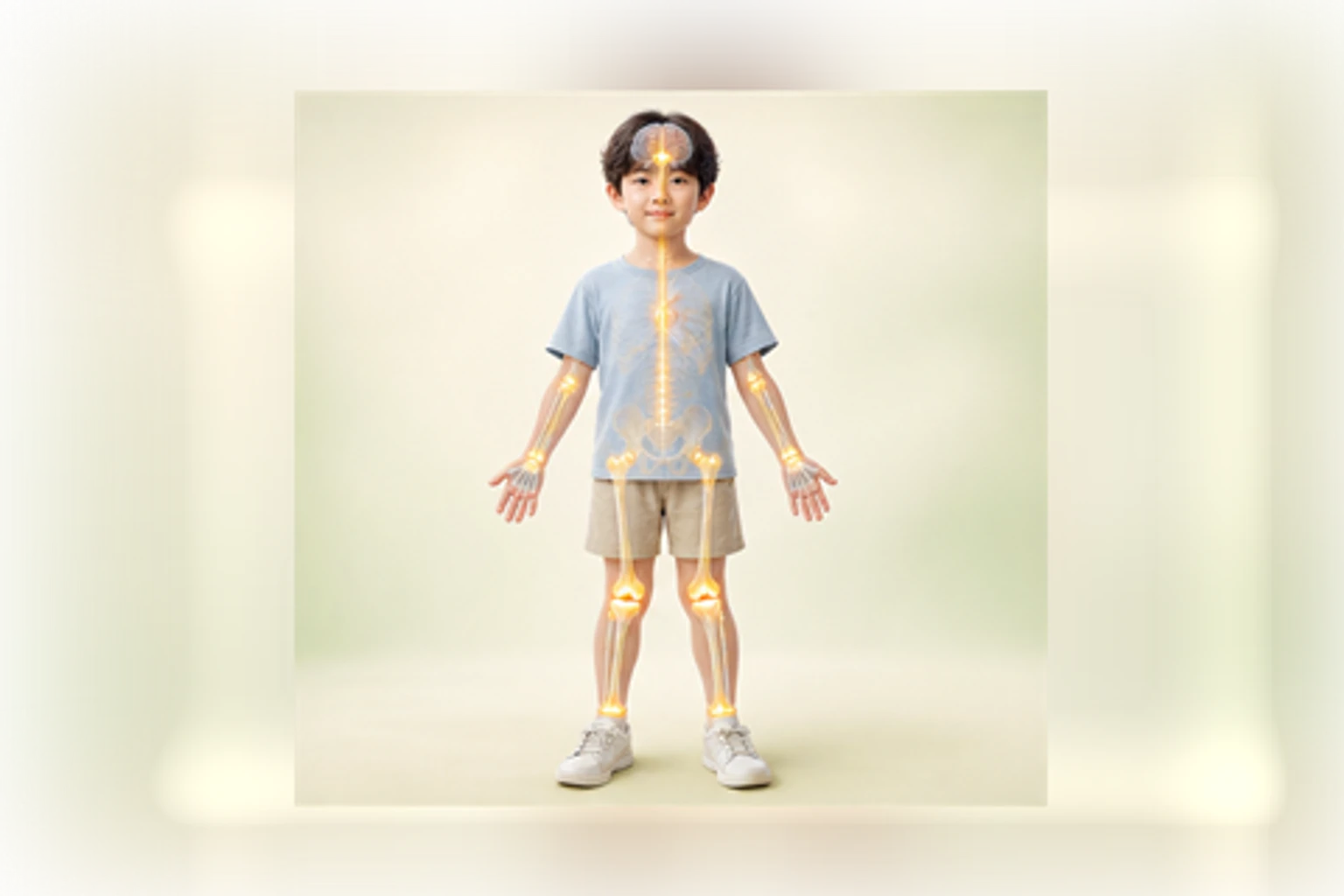 저신장과 관련된 신체 부위를 머리부터 발끝까지 온전히 보이는 아이 위에 밝고 친근하게 보여 주는 소아 서양의학 교육 이미지