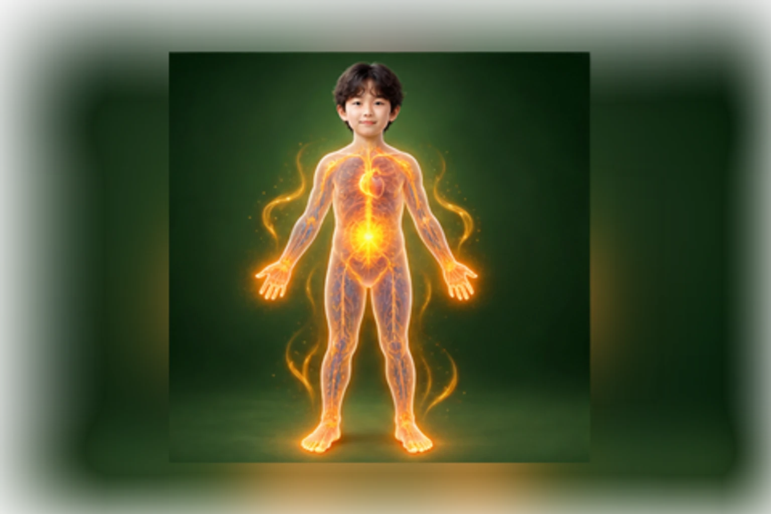 저신장 아이의 머리부터 발끝까지 온전한 인체 형태에서 열의 흐름을 선명한 황금빛으로 보여 주는 담적병 골든셋 교육 이미지