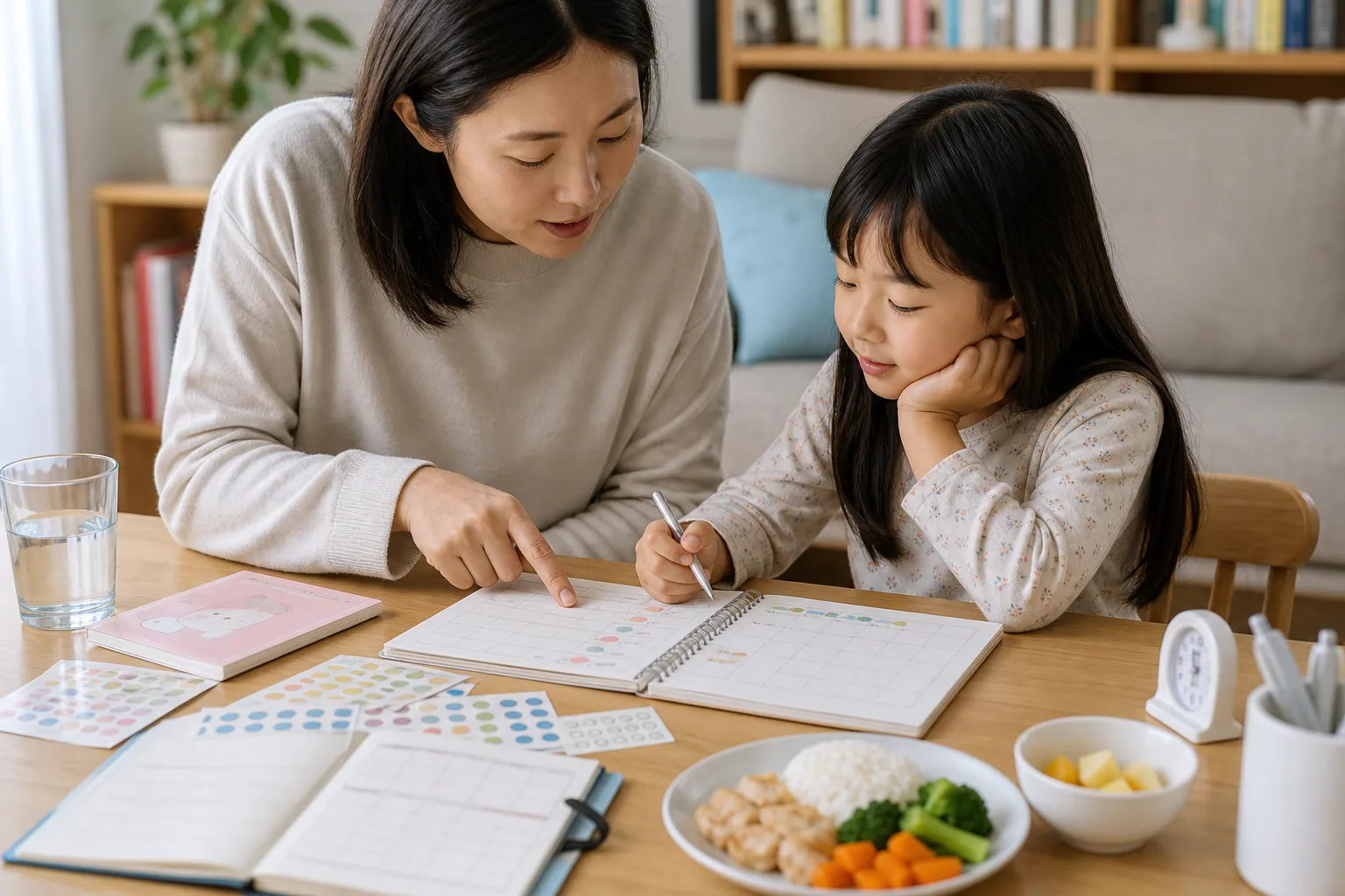 저신장 상담 전 한국인 보호자와 아이가 식사와 수면, 키 기록을 성장 일지로 정리하는 사진