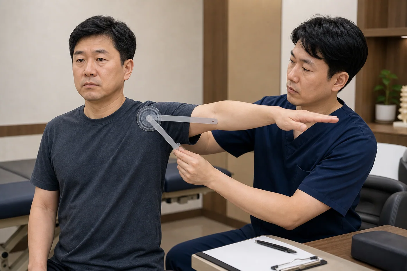 한국인 의료진이 국내 한의원 진료실에서 어깨점액낭염 환자의 팔 올림 각도와 문진표·검사 기록지를 함께 확인하는 장면