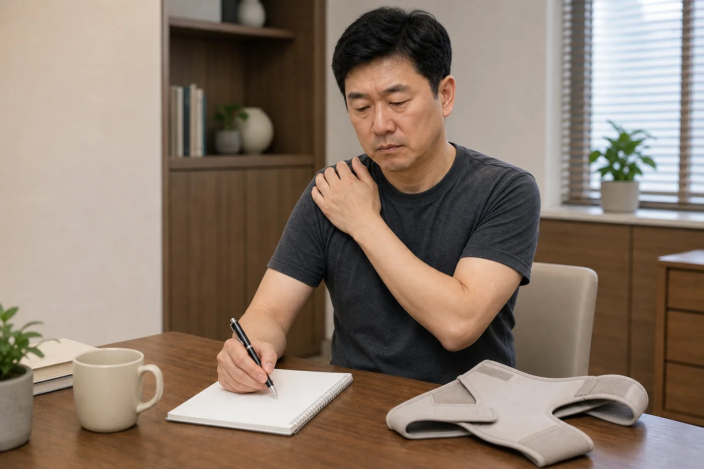 한국인 어깨점액낭염 환자가 어깨를 짚고 빈 기록지에 팔 올림 통증과 수면 중 통증 변화를 정리하는 장면