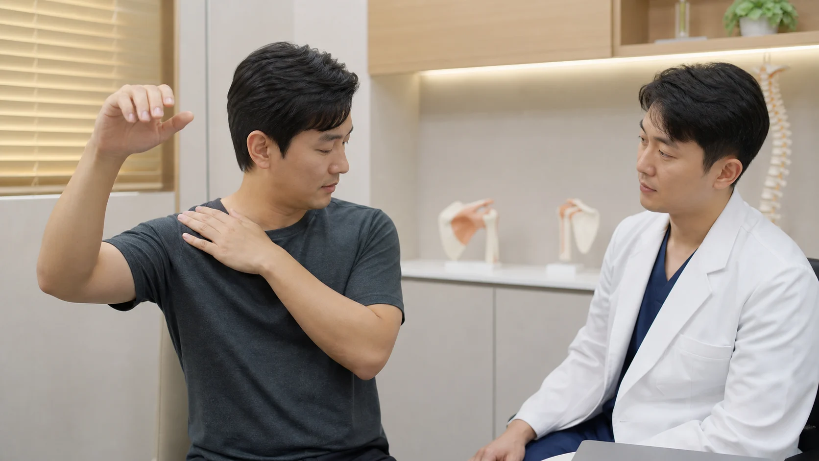 한국인 어깨 통증 환자가 팔을 들 때 걸리는 각도와 앞쪽 어깨 통증을 국내 의료 상담 공간에서 설명하는 장면
