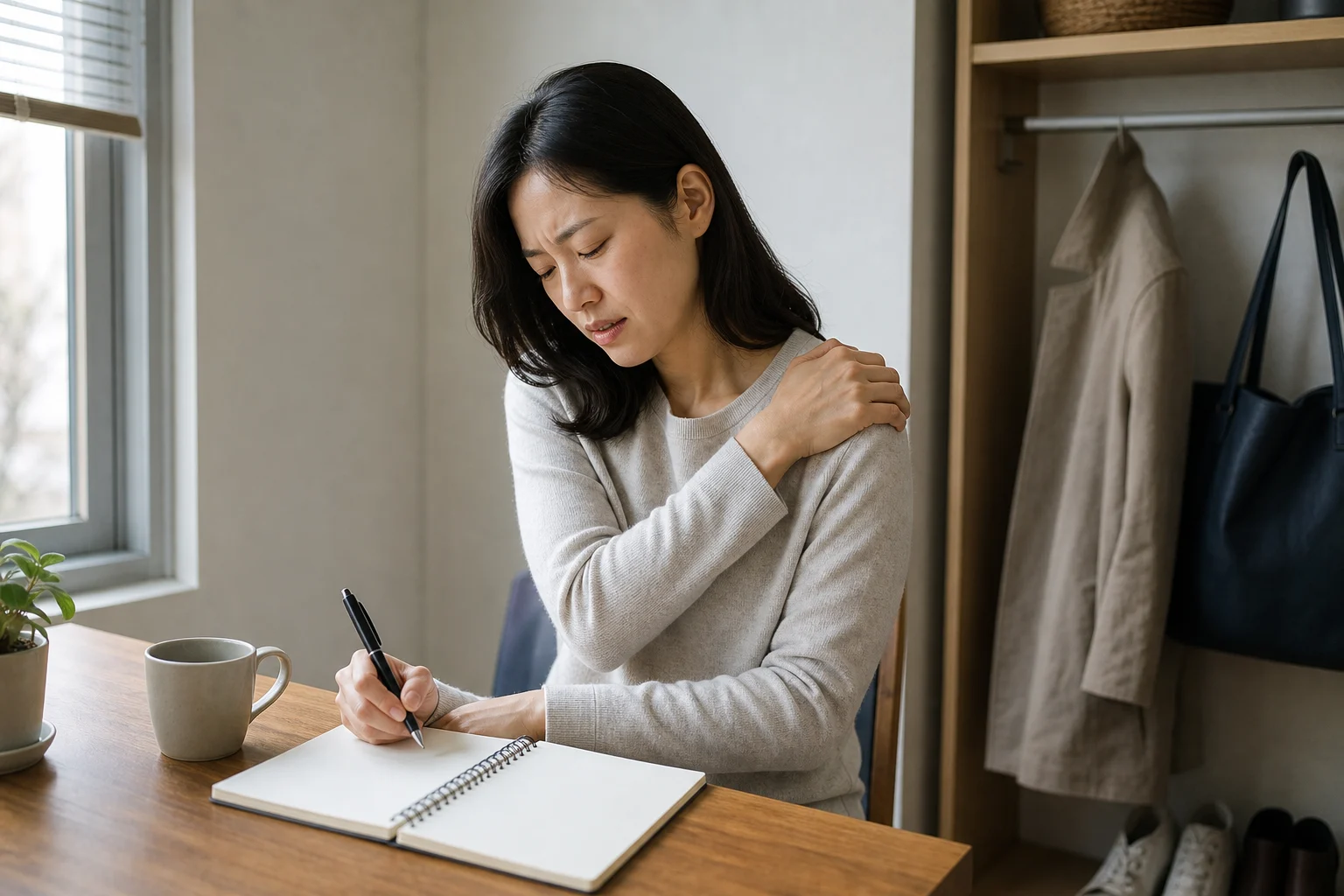 한국인 환자가 어깨 통증이 반복되는 생활 동작과 밤 통증을 증상 기록으로 정리하는 장면