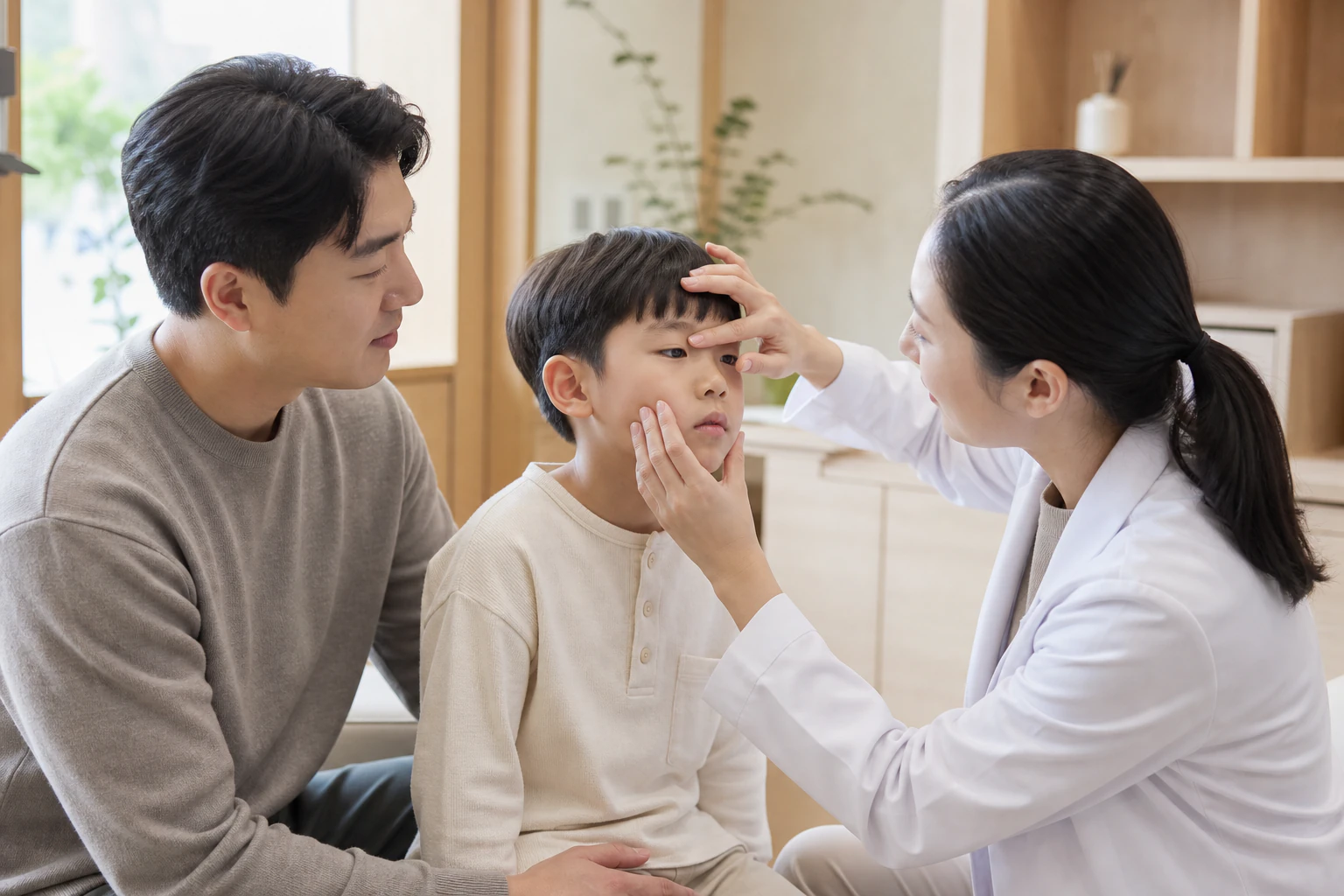 보호자가 곁에 있는 진료실에서 한의사가 7세 아이의 이마와 볼 압통을 살피는 장면