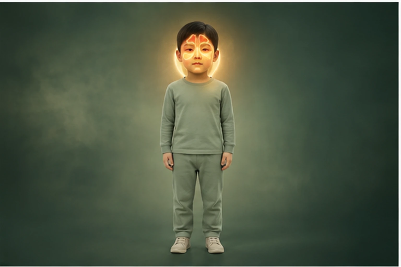 소아축농증 아이의 머리부터 발끝까지 온전한 인체 형태에서 열의 흐름을 선명한 황금빛으로 보여 주는 담적병 골든셋 교육 이미지