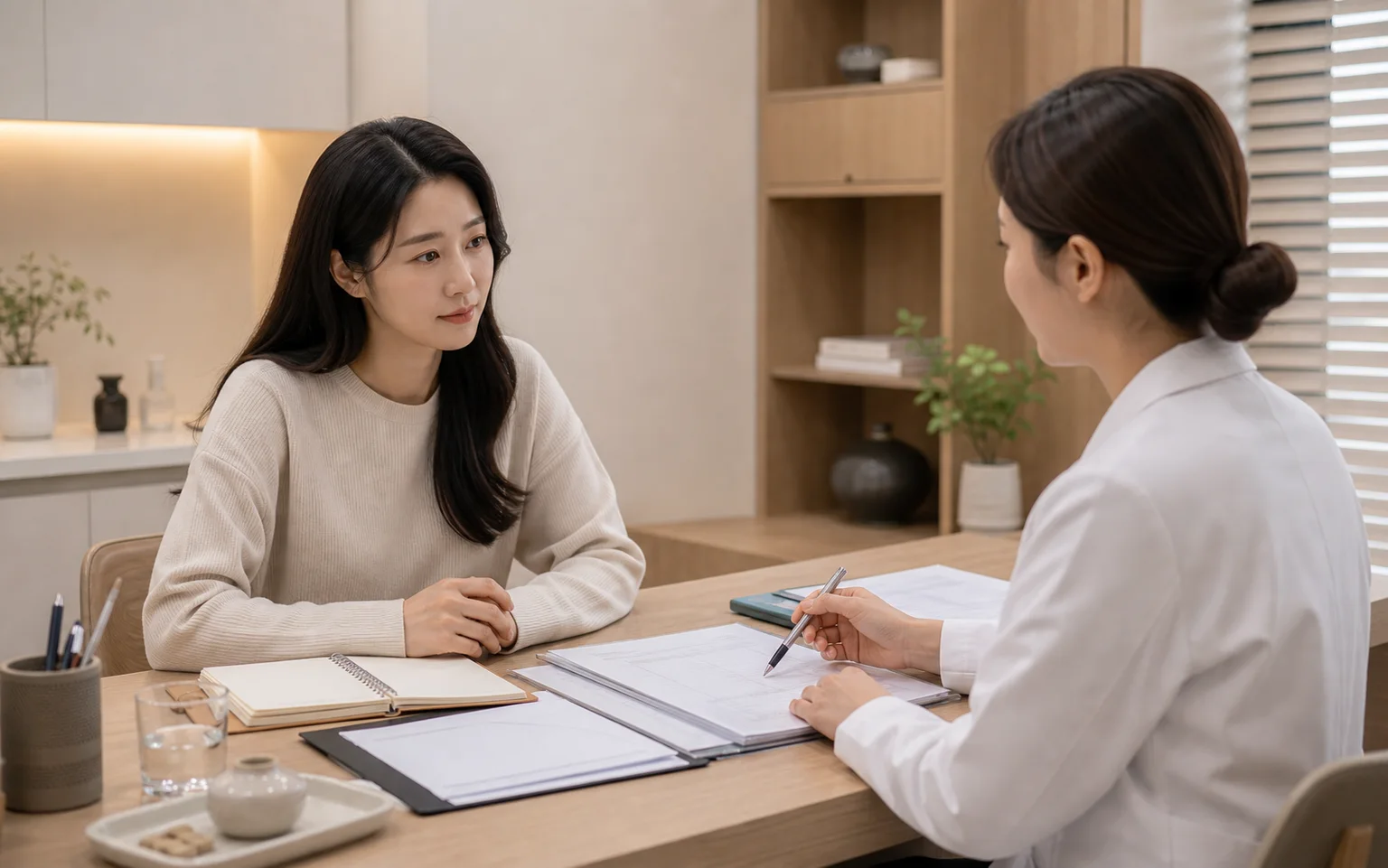 전신홍반루푸스 환자가 진단 기록과 증상 기록을 들고 현대 한의원에서 상담하는 장면