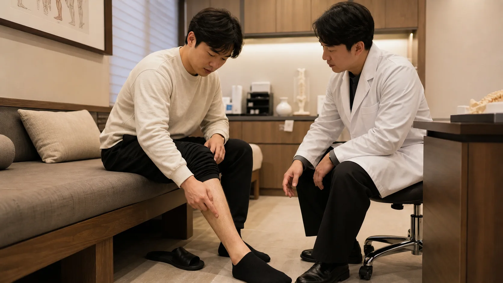 가자미근통증 상담에서 한국인 환자가 깊은 종아리 통증 위치를 보여 주는 국내 한의원 진료 장면