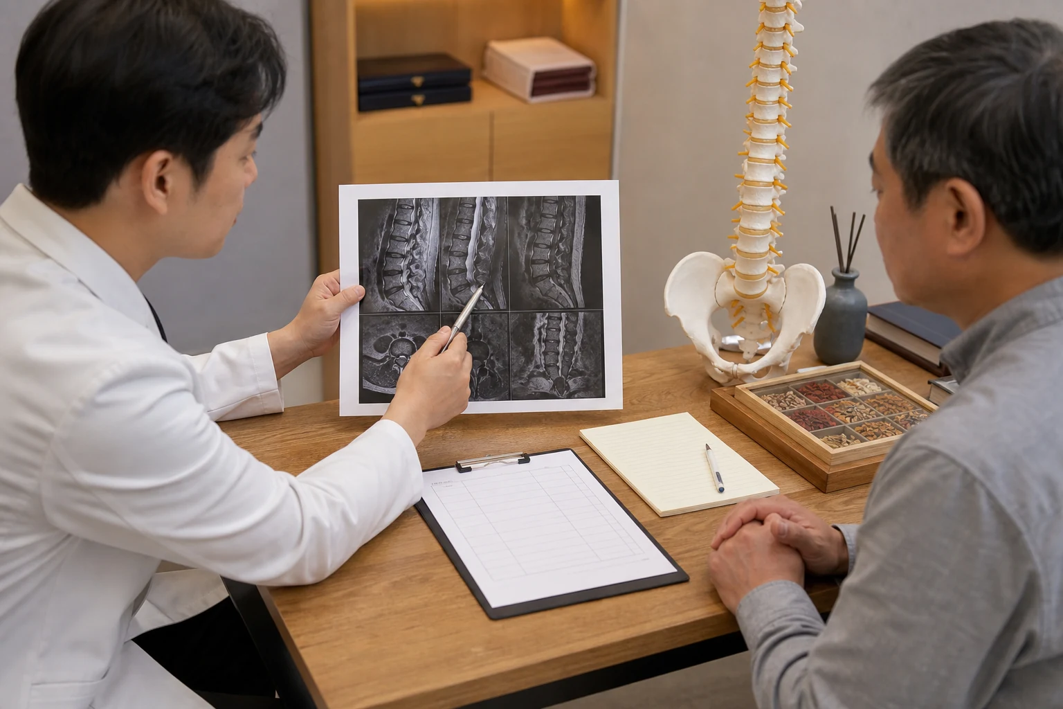 척추관협착증 진료 체크포인트에서 요추 MRI 기록과 문진 자료를 확인하는 국내 한의원 장면
