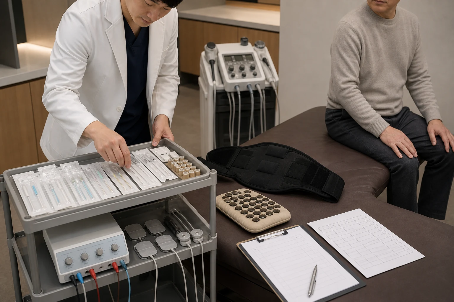 척추관협착증 치료계획표와 침 치료 도구, 온열 장비가 준비된 국내 한의원 치료환경