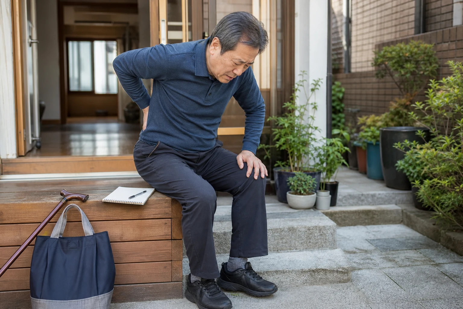 척추관협착증 환자가 계단 앞에서 걷다 쉬는 증상과 보행거리를 생활 기록으로 정리하는 장면