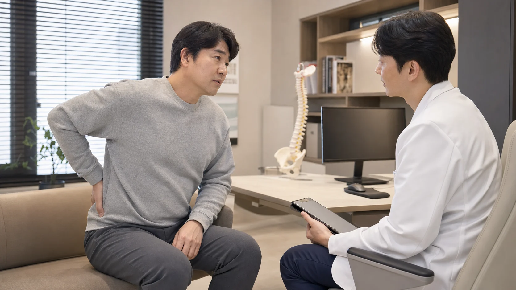 척추전방전위증 환자가 국내 한의원 진료실에서 허리 통증과 다리 무거움을 상담하는 장면