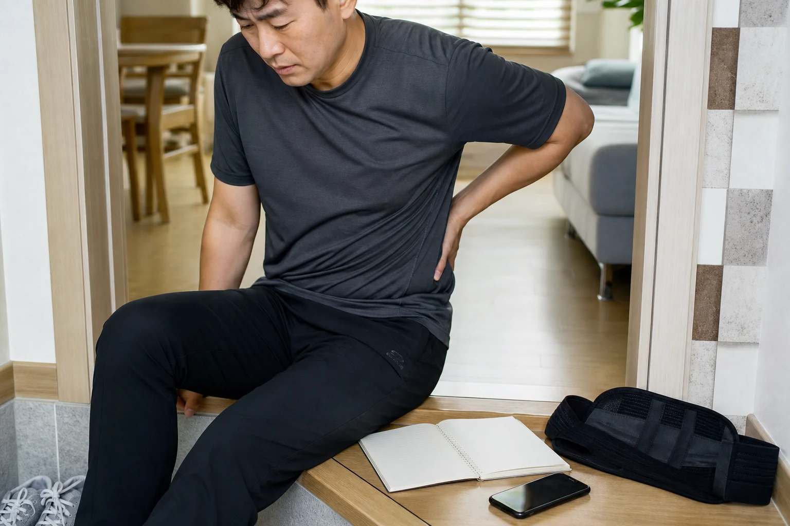 한국인 환자가 운동 뒤 허리 아래쪽 통증과 활동 기록을 집에서 정리하는 장면