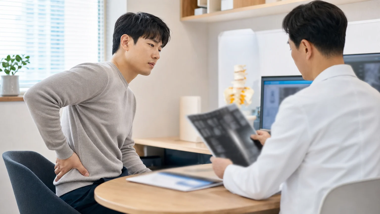 한국인 요추분리증 환자가 허리 아래쪽 통증과 영상 기록을 국내 의료 상담 공간에서 설명하는 장면