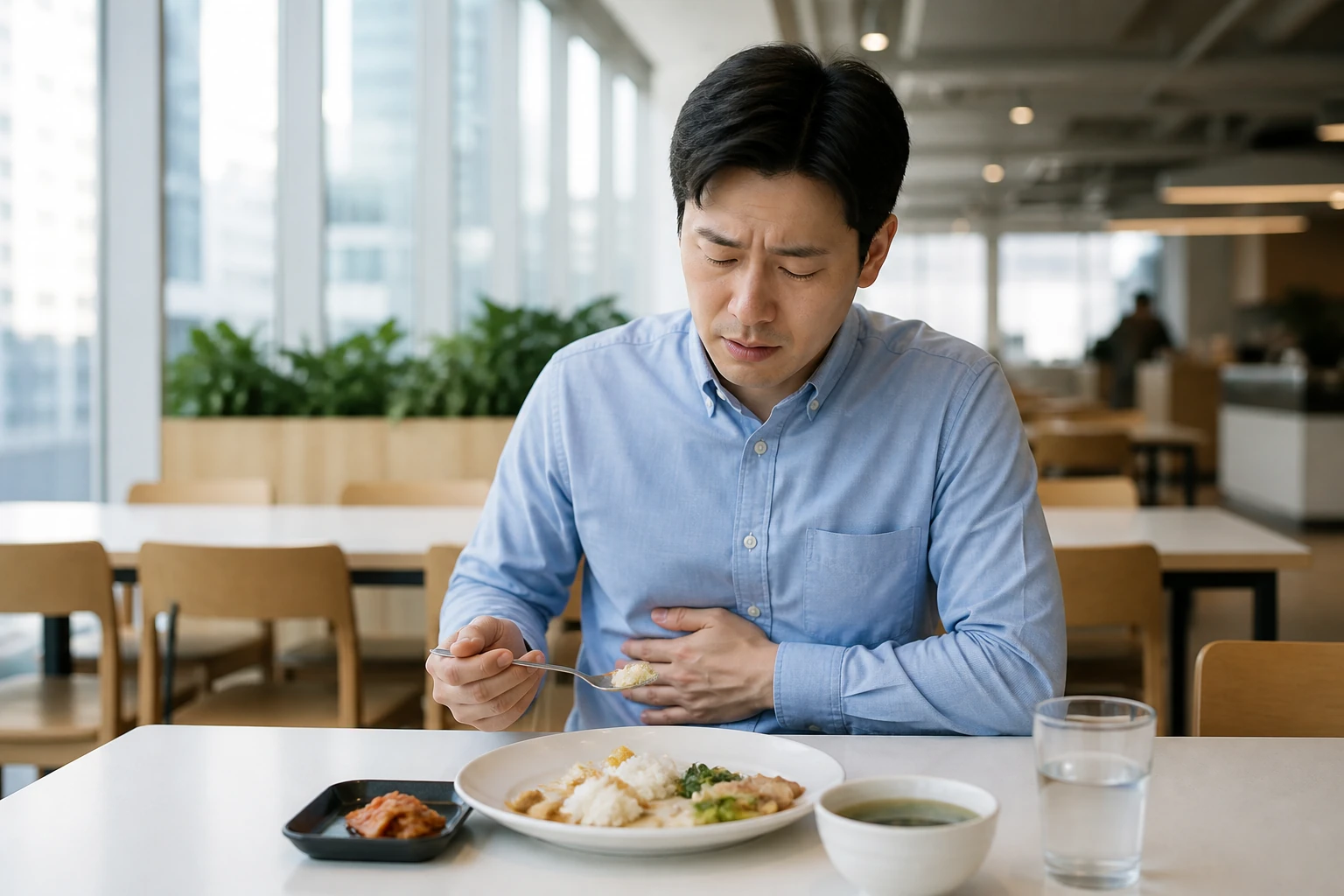 위통 진료 전 증상과 검사·기록을 확인하는 장면