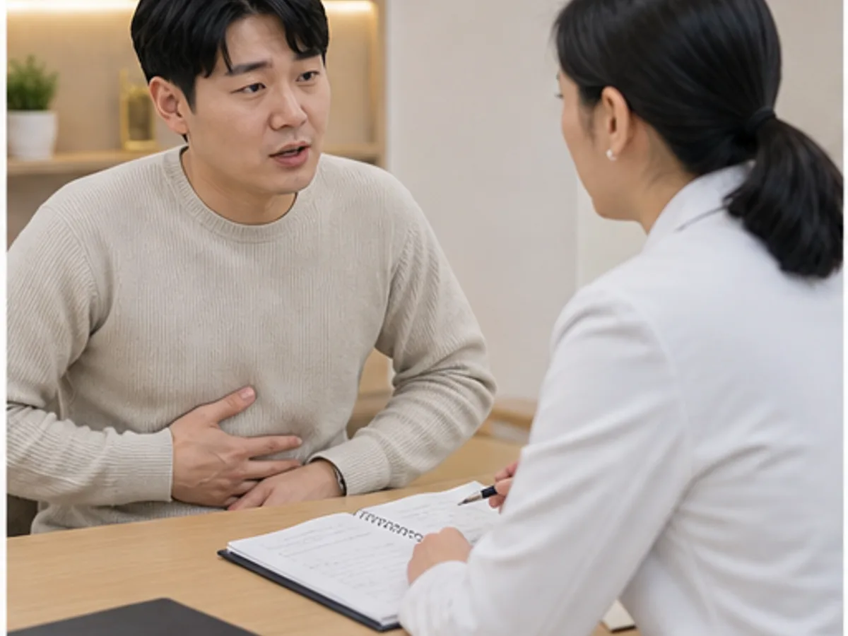 위통 환자가 명치 통증 위치와 식후 공복 악화 양상을 초진 상담에서 설명하는 장면