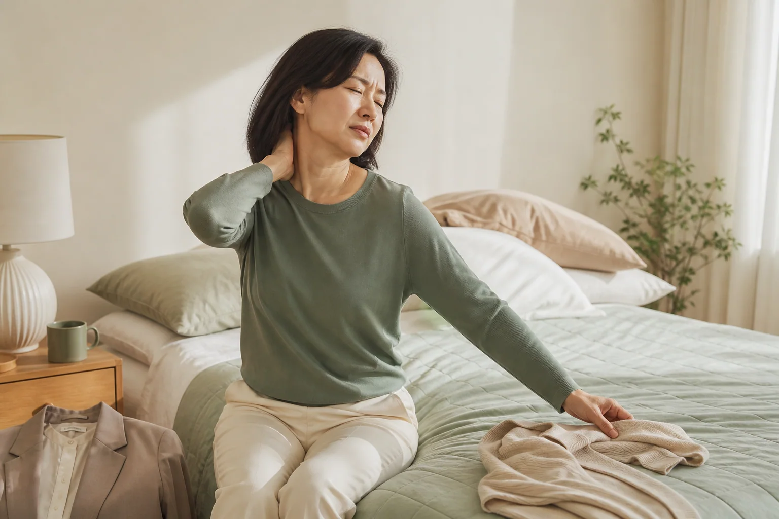 일자목으로 자고 나서도 목이 뻣뻣한 한국인 여성 한 명이 침대에서 옷을 챙기다 아침 준비를 멈춘 생활 장면