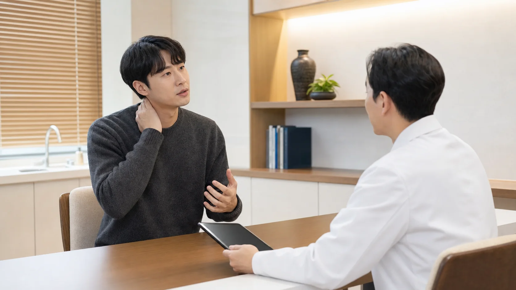 일자목 환자가 국내 한의원 진료실에서 목 통증과 어깨 결림을 상담하는 장면