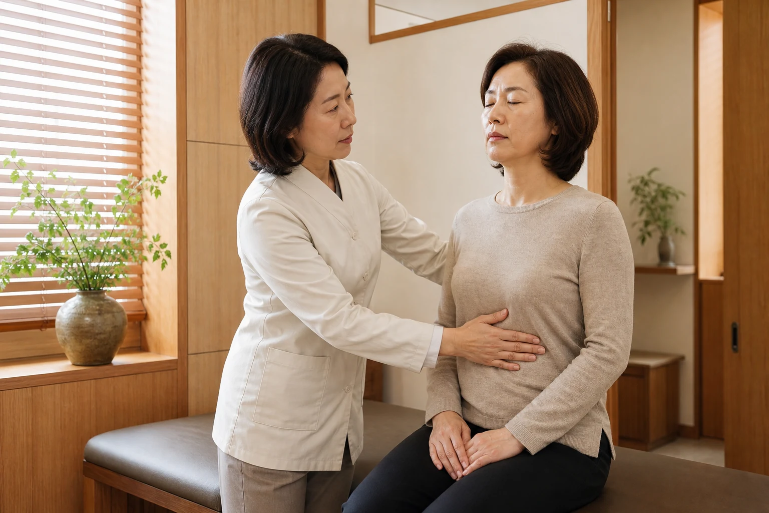 의료진이 복압성 요실금 환자의 호흡과 옷 위 복압 반응을 진찰하는 모습
