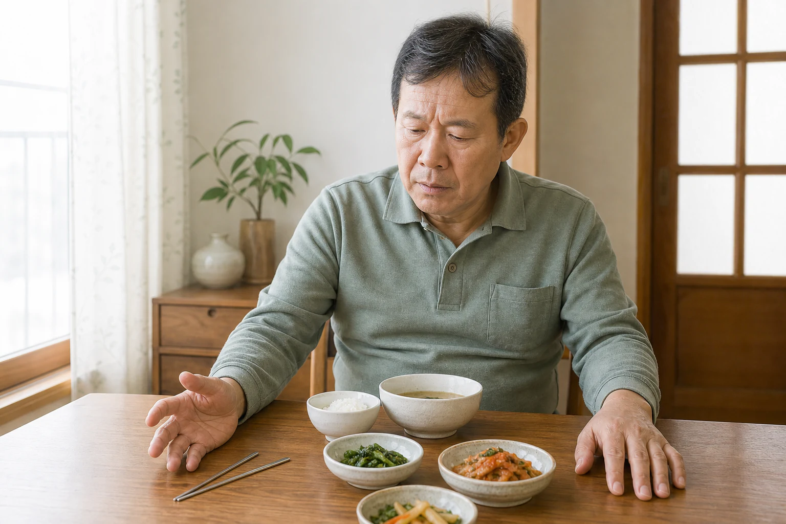 식탁에서 한 손으로 젓가락을 잡지 못해 내려놓고 고민하는 뇌졸중 후유증 환자