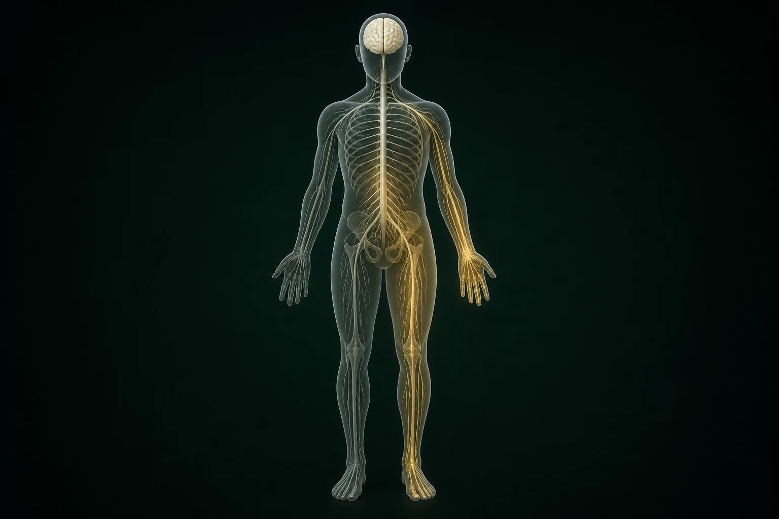 뇌졸중 후유증 열의 흐름을 익명 반투명 인체와 절제된 금빛 경로로 보여 주는 이미지