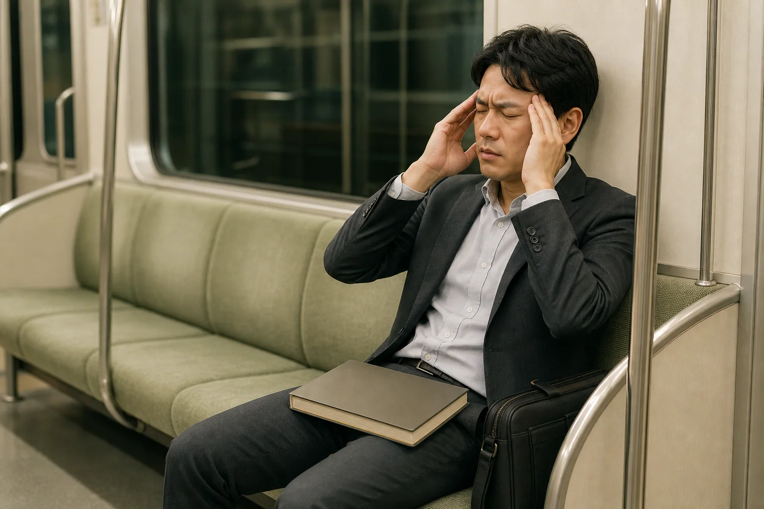 띠로 조이는 듯한 긴장성두통과 목 뻣뻣함으로 독서를 이어가기 어려운 한국인 남성 한 명이 퇴근길 지하철에서 책을 덮은 생활 장면
