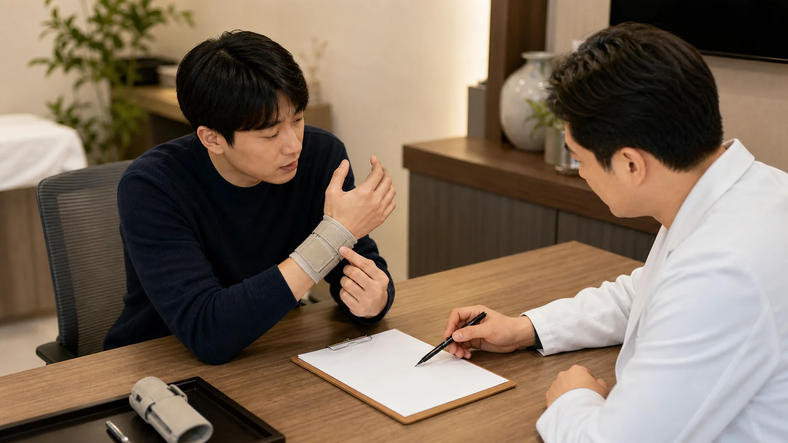 한국인 TFCC 손상 환자가 국내 한의원 상담 공간에서 손목 새끼손가락 쪽 통증을 의료진에게 설명하는 장면