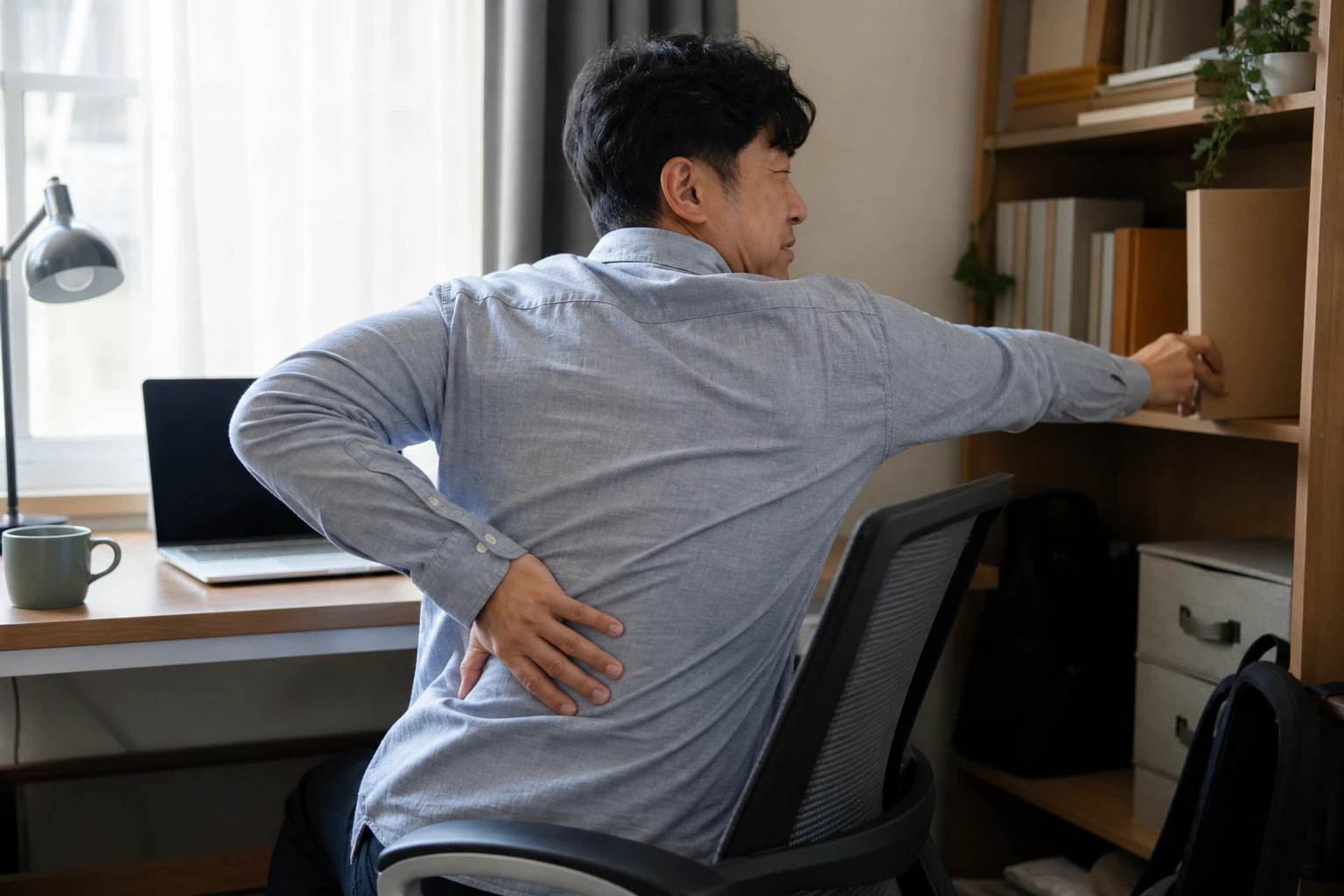 등 가운데 띠처럼 번지는 통증 때문에 책상 옆 물건을 꺼내려다 몸을 돌리지 못한 한국인 남성 한 명의 장면