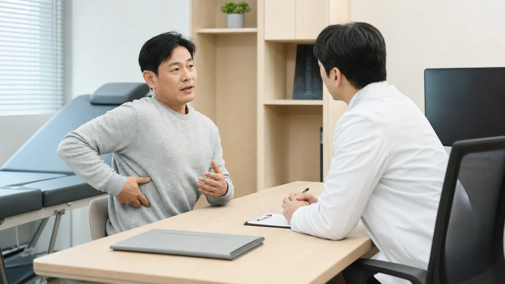 흉추디스크 환자가 국내 한의원 상담실에서 등 가운데와 옆구리 통증을 설명하는 장면