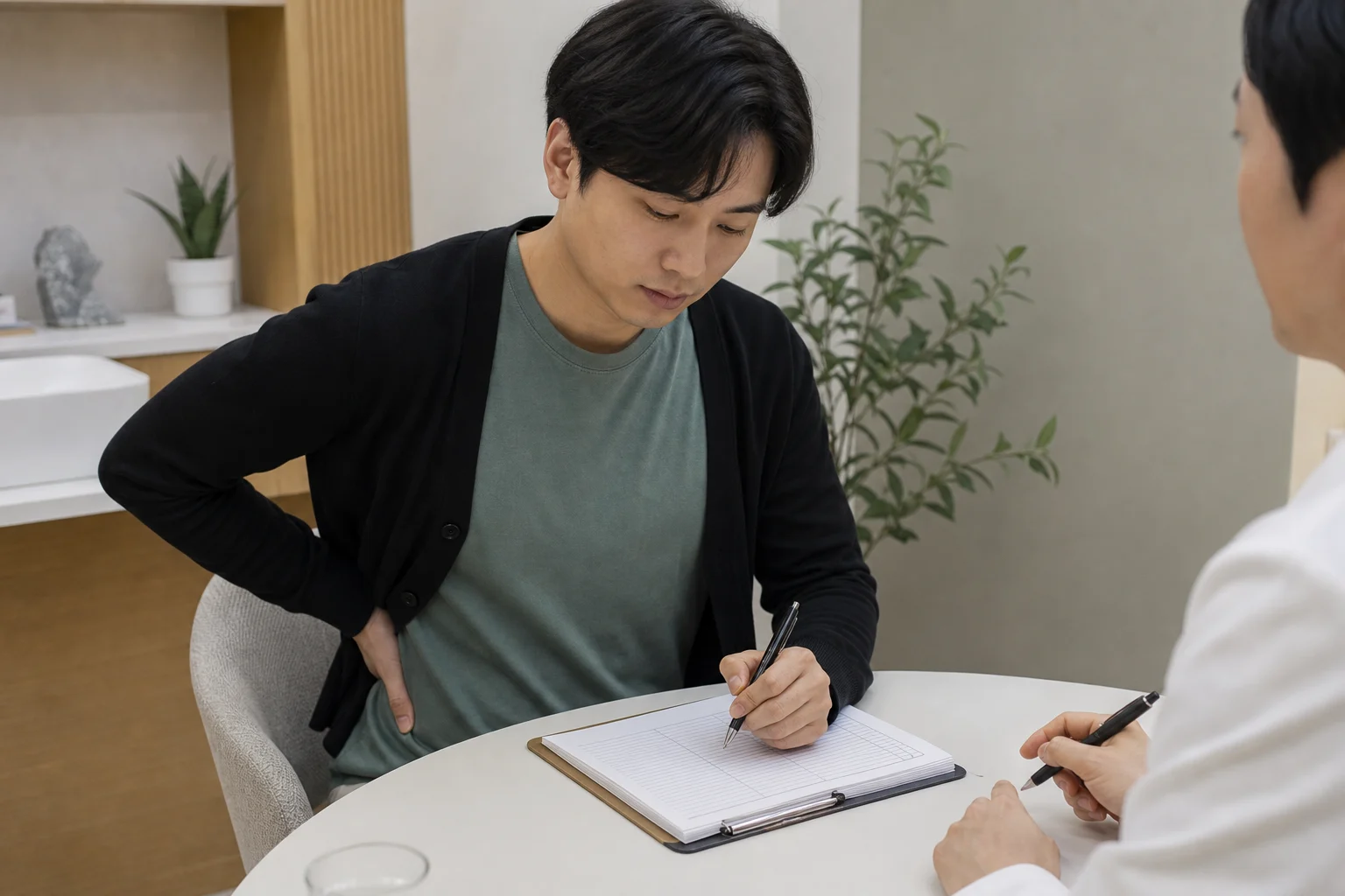 흉추디스크 환자가 등 통증과 호흡, 자세 뒤 악화를 상담 전 기록하는 장면