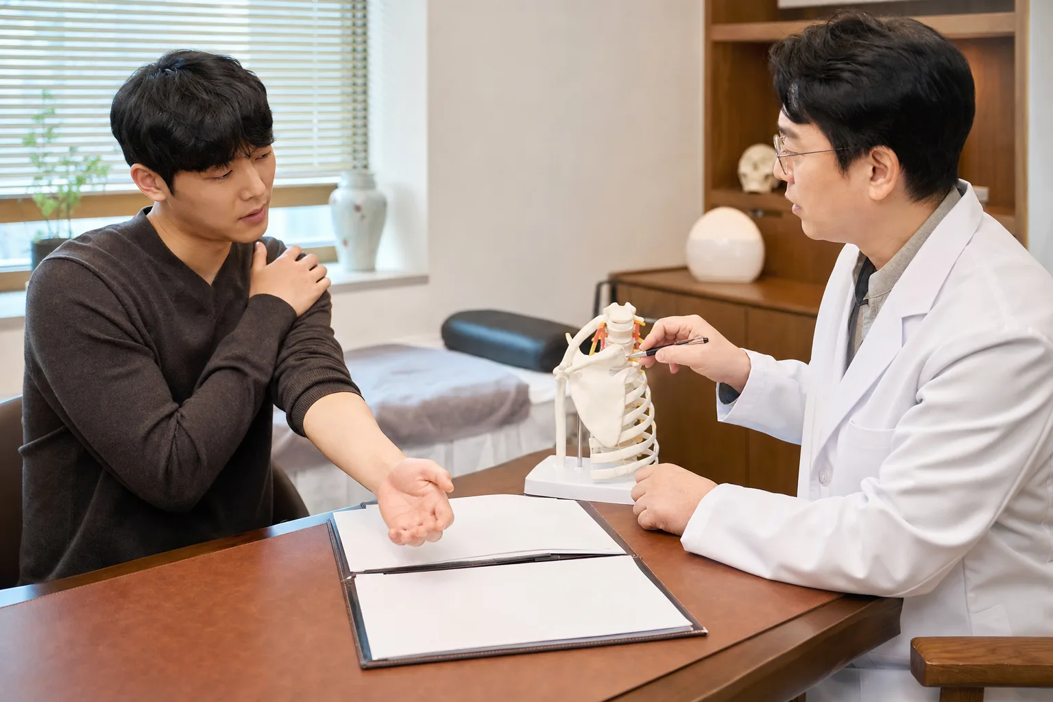 흉곽출구증후군 진료 체크포인트에서 어깨와 흉곽 모형, 검사 기록을 확인하는 장면