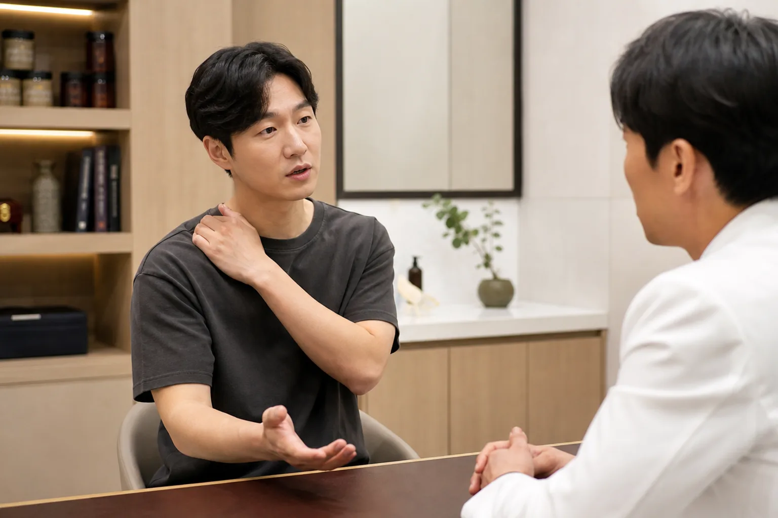 흉곽출구증후군 환자가 국내 한의원 진료실에서 목어깨와 팔 저림을 상담하는 장면