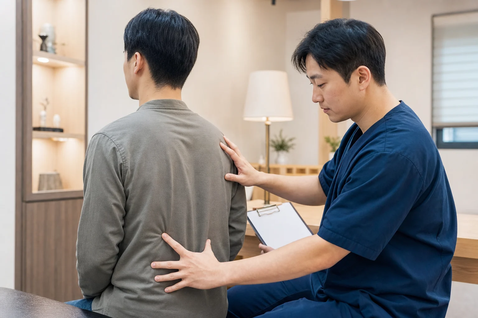 흉추통증 검사 자료를 곁에 두고 등 가운데와 견갑골 주변 움직임을 확인하는 국내 진료실 장면