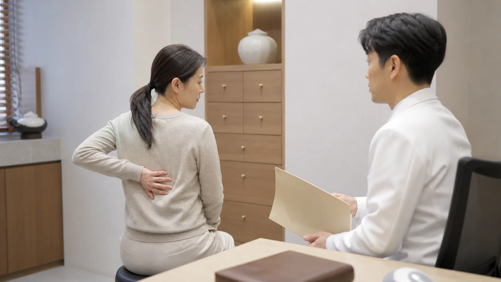 한국인 흉추통증 환자가 국내 한의원 상담 공간에서 등 가운데 통증을 설명하는 장면