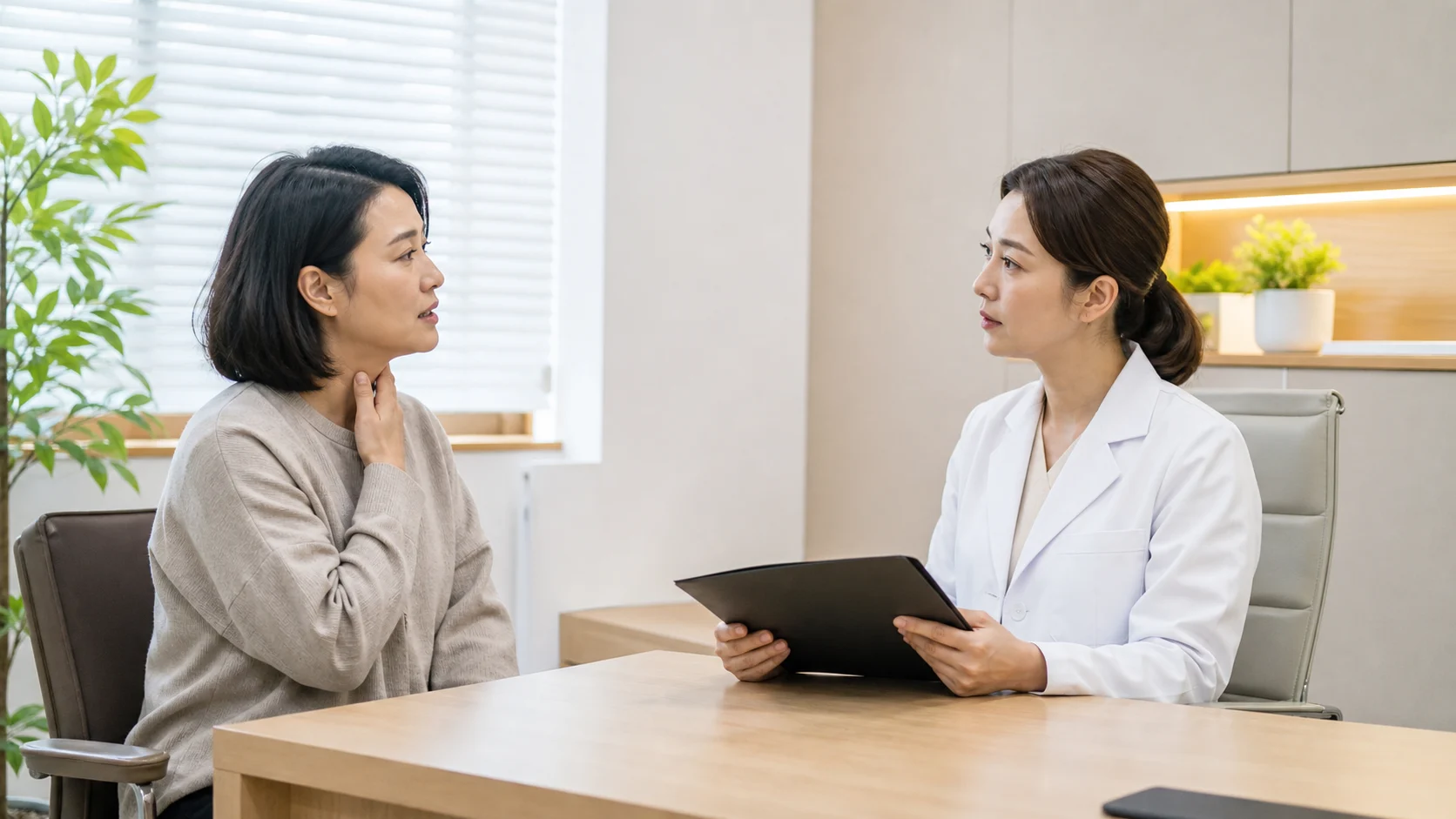 갑상선염 환자가 국내 한의원 진료실에서 목 앞 불편과 피로를 한국인 의료진에게 상담하는 장면