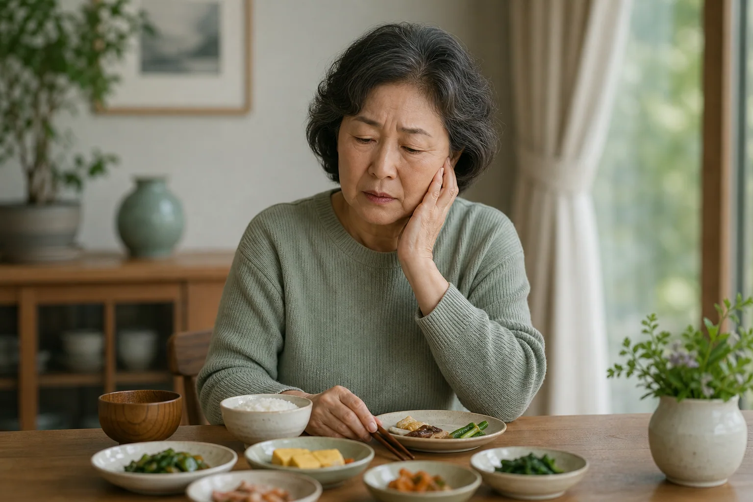 턱관절염으로 귀 앞 깊은 통증과 아침 뻣뻣함이 있는 한국인 고령 여성 한 명이 씹기를 멈춘 생활 장면
