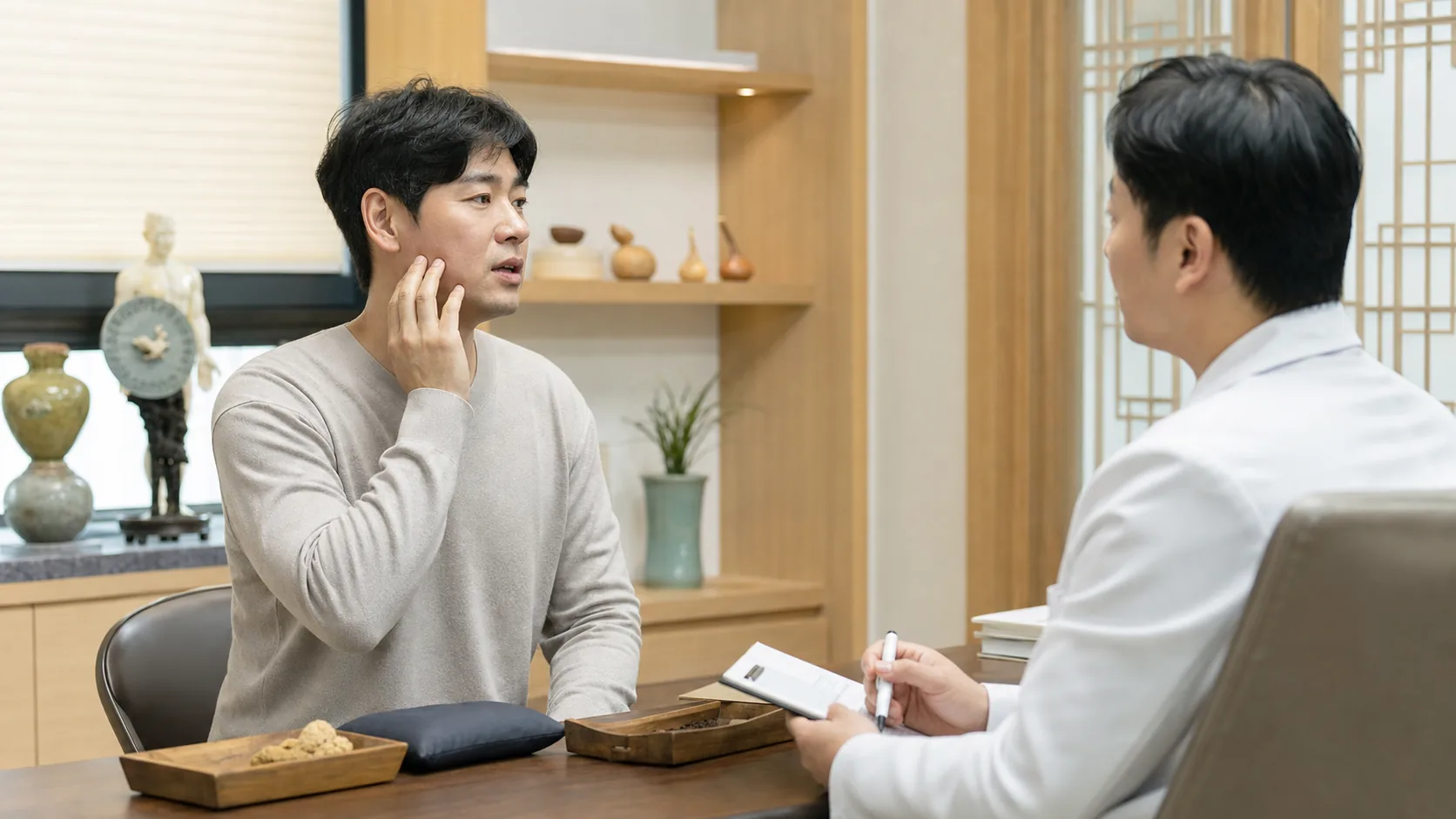 한국인 환자가 턱 통증과 씹기 불편을 한국인 의료진에게 설명하는 국내 한의원 상담 장면