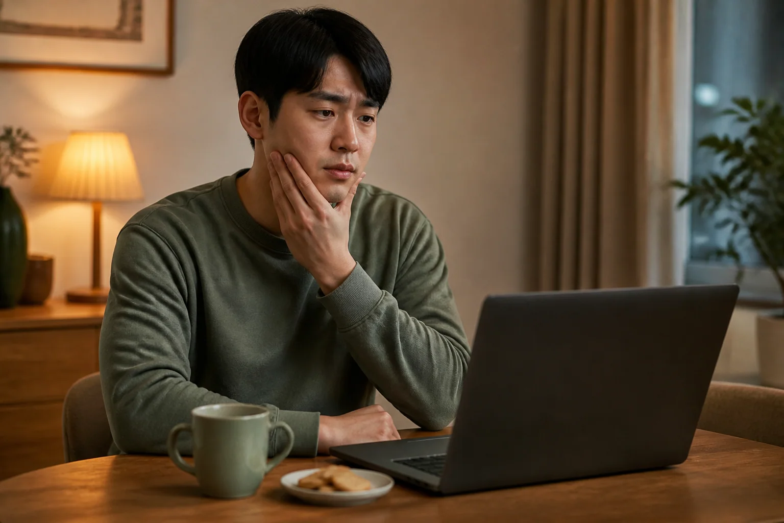 말하고 웃다 턱에서 소리가 나고 걸린 한국인 남성 한 명이 집 원격 대화를 멈춘 생활 장면