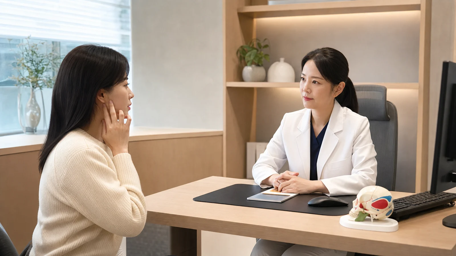 턱관절잡음 환자가 국내 한의원 상담실에서 턱 소리와 씹기 불편을 상담하는 장면