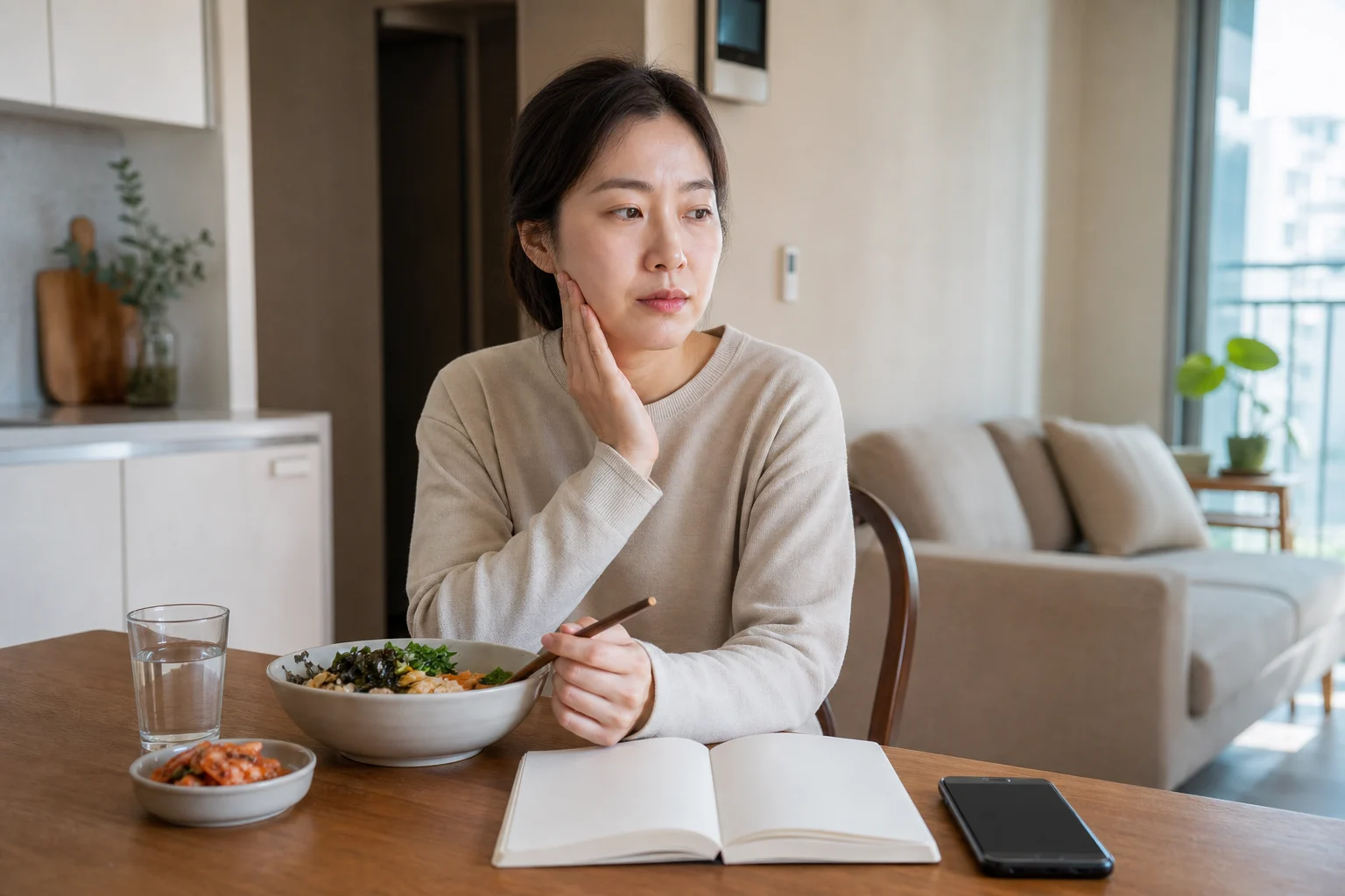 한국인 환자가 식사 중 턱관절잡음과 씹기 불편을 느끼고 생활 기록을 정리하는 장면