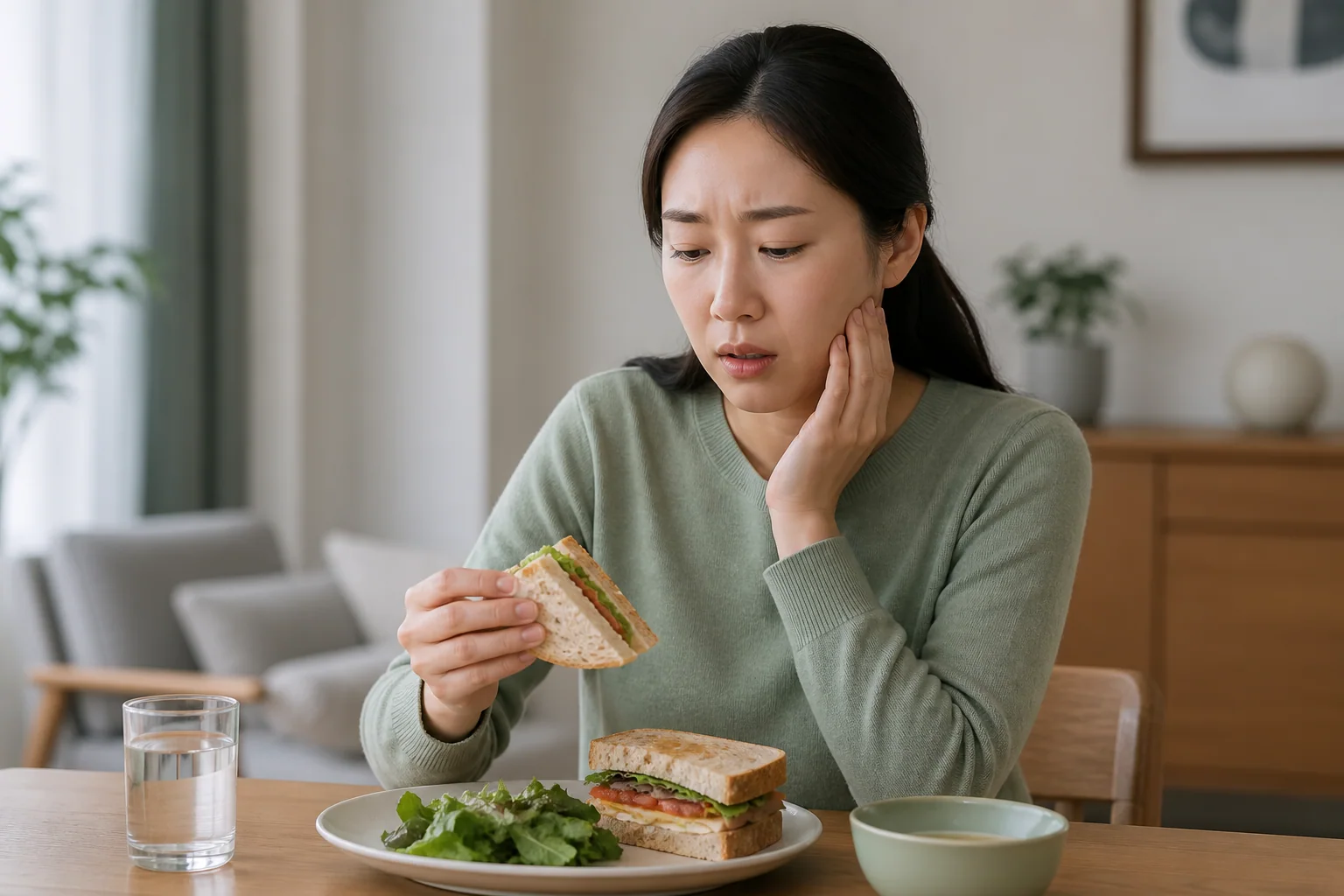 입을 벌릴 때 귀 앞과 턱이 아프고 걸리는 한국인 여성 한 명이 단단한 샌드위치를 먹다 점심을 멈춘 생활 장면