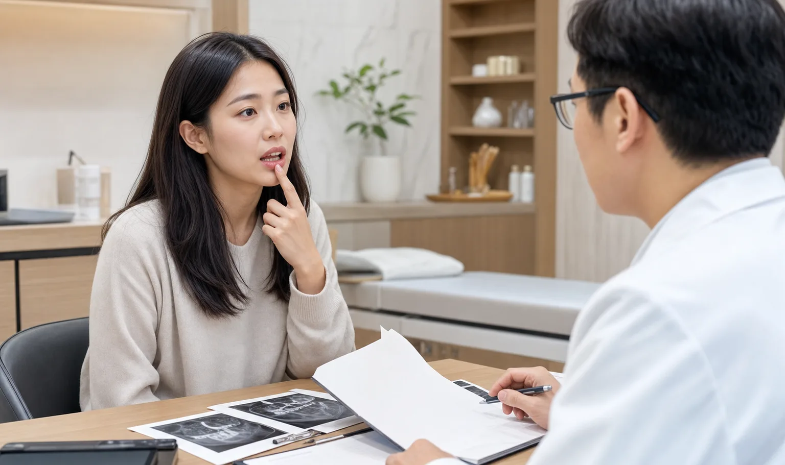 설궤양 환자가 혀 통증과 오래 낫지 않는 궤양, 기존 구강 진료 기록을 의료진에게 상담하는 한의원 진료실 장면