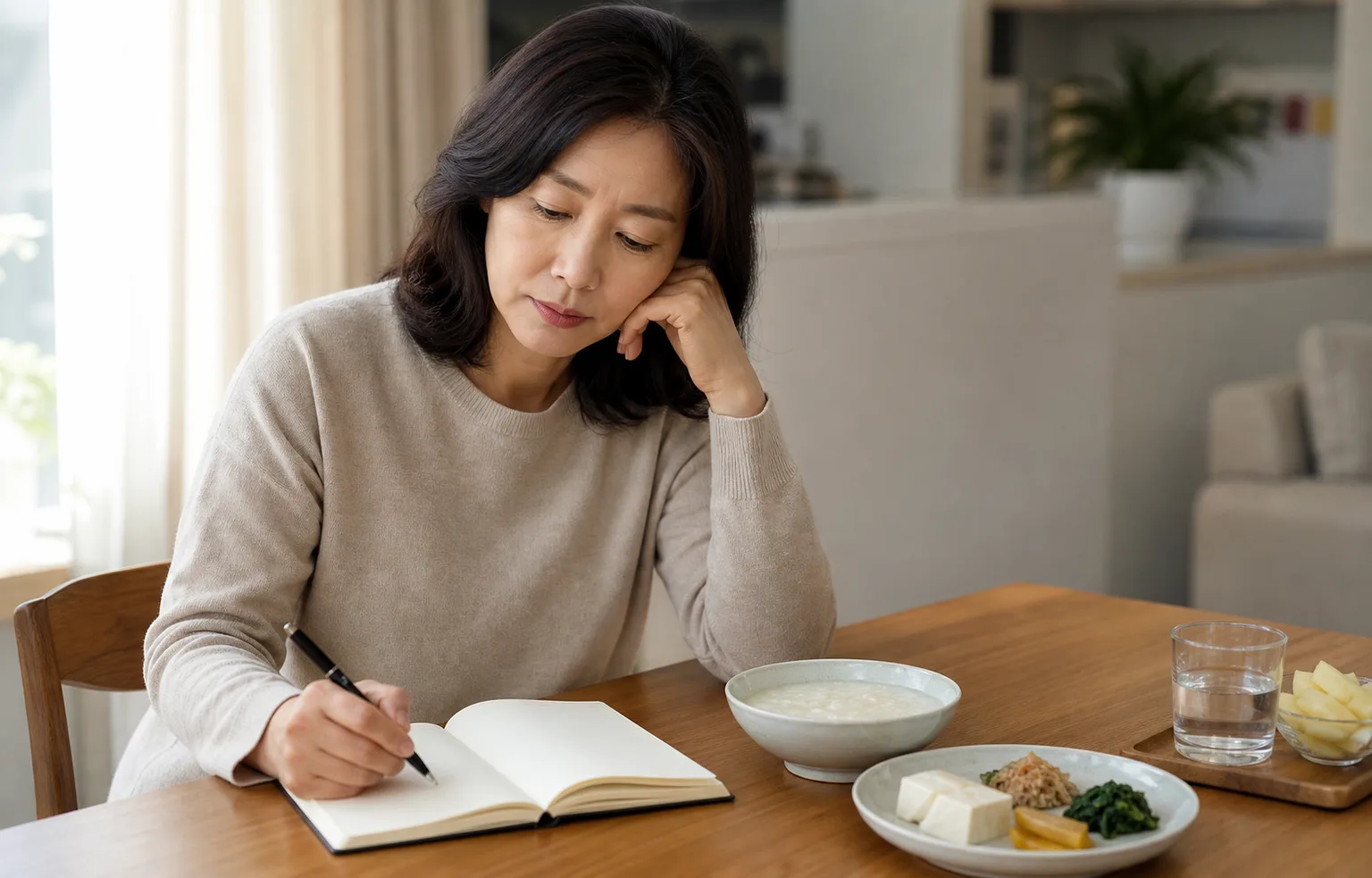 설궤양 환자가 부드러운 식사와 함께 혀 통증, 자극 음식, 반복 요인을 생활 기록으로 적는 장면