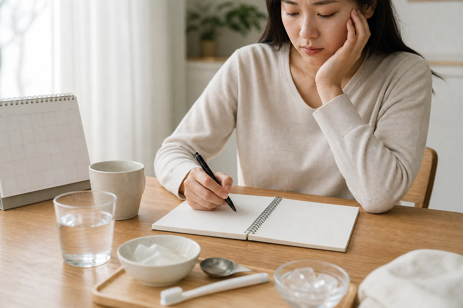 얼굴 통증 촉발 순간과 생활 불편을 상담 전 기록하는 한국인 환자 장면