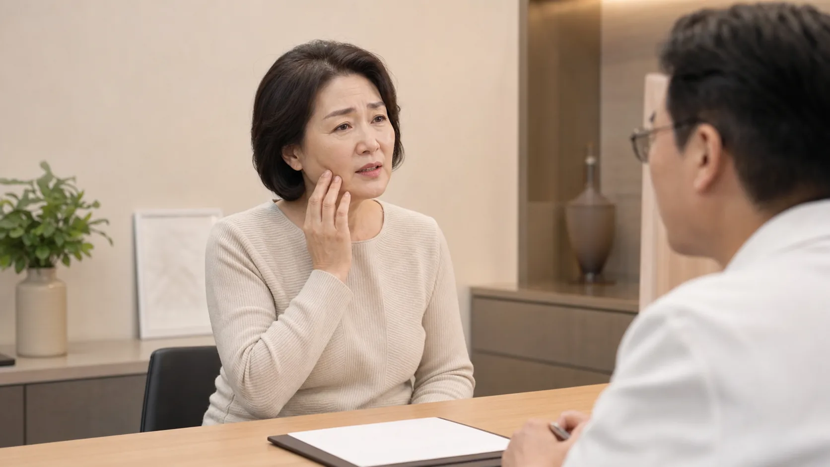 삼차신경통 환자가 국내 한의원 진료실에서 얼굴 한쪽 찌릿한 통증을 설명하는 장면