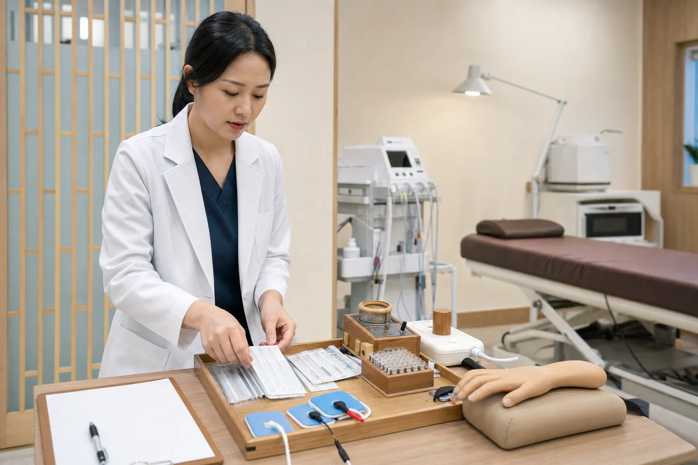 방아쇠수지 치료계획표와 손 받침대, 침 치료 도구, 온열 장비를 준비한 국내 한의원 치료실 장면