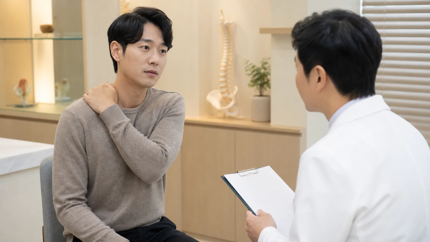 한국인 상부승모근통증 환자가 국내 한의원 상담 공간에서 목과 어깨 윗부분 통증을 의료진에게 설명하는 장면
