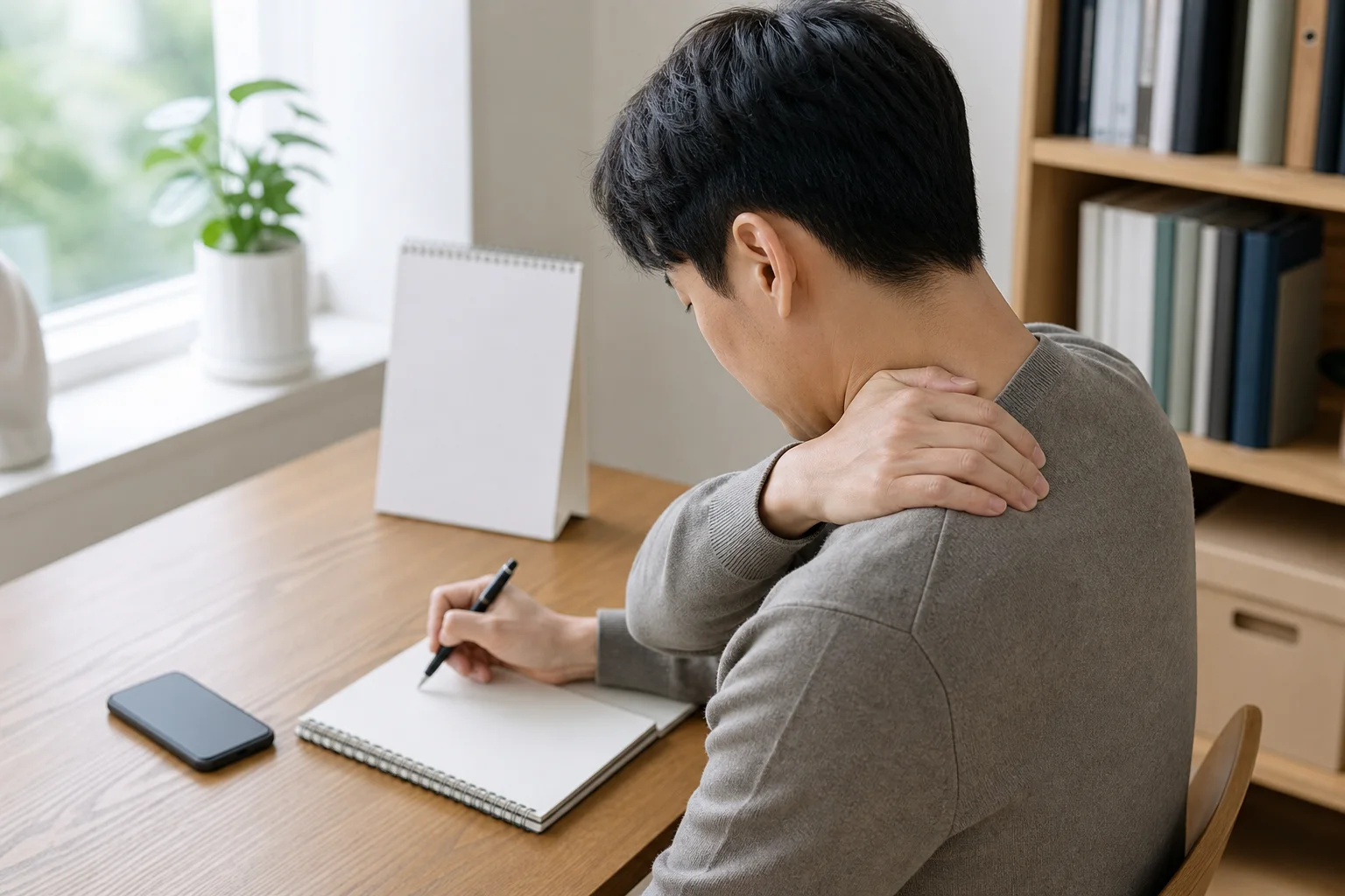 한국인 상부승모근통증 환자가 책상에서 목어깨 통증 시간과 자세 변화를 빈 기록지에 정리하는 장면